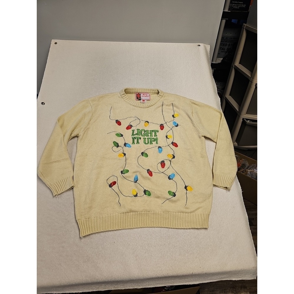 Merry Christmas Light It Up Holiday Sweater Cream Knit Mens XL Festive Graphic